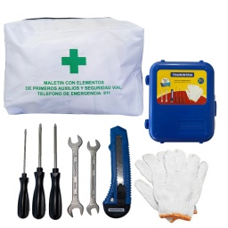 BOTIQUN PRIMEROS AUXILIOS PARA AUTO COMPLETO LEY 19061 + KIT DE HERRAMIENTAS TRAMONTINA 7 PIEZAS