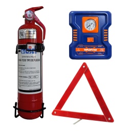 BOMBERITO EXTINTOR 1KG PARA AUTOS + BALIZA REFLECTIVA + INFLADOR 12V