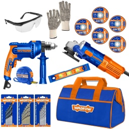 AMOLADORA + TALADRO PERCUTOR + BOLSO WADFOW + ACCESORIOS