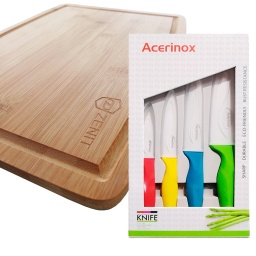 TABLA PARRILLERA ZENIT BAMBU + JUEGO DE CUCHILLOS DE CERMICA