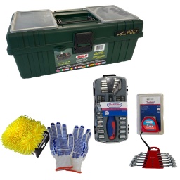 CAJA DE HERRAMIENTAS + JUEGO DE LLAVES COMBINADAS + DESTORNILLADOR CRIQUET + GUANTES + CINTA METRICA + KIT DE HERRAMIENT