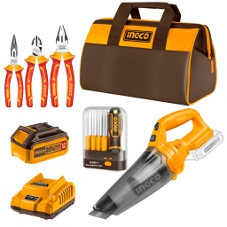 ASPIRADORA 20V + BATERIA 4 AMP + CARGADOR + JUEGO DE PINZAS 1000V + DESTORNILLADOR + BOLSO INGCO