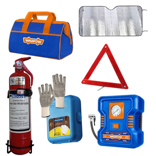 EXTINTOR + BOLSO + INFLADOR + KIT DE HERRAMIENTAS + BALIZA