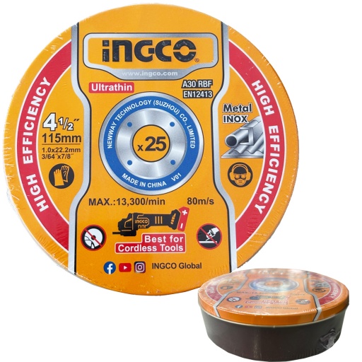 DISCO DE CORTE METAL INOX. INGCO 115MM X 25 UNIDADES EN LATA