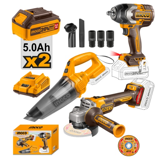 LLAVE DE IMPACTO 850NM + AMOLADORA  + ASPIRADORA INGCO A BATERIA 2 BAT CARGADOR