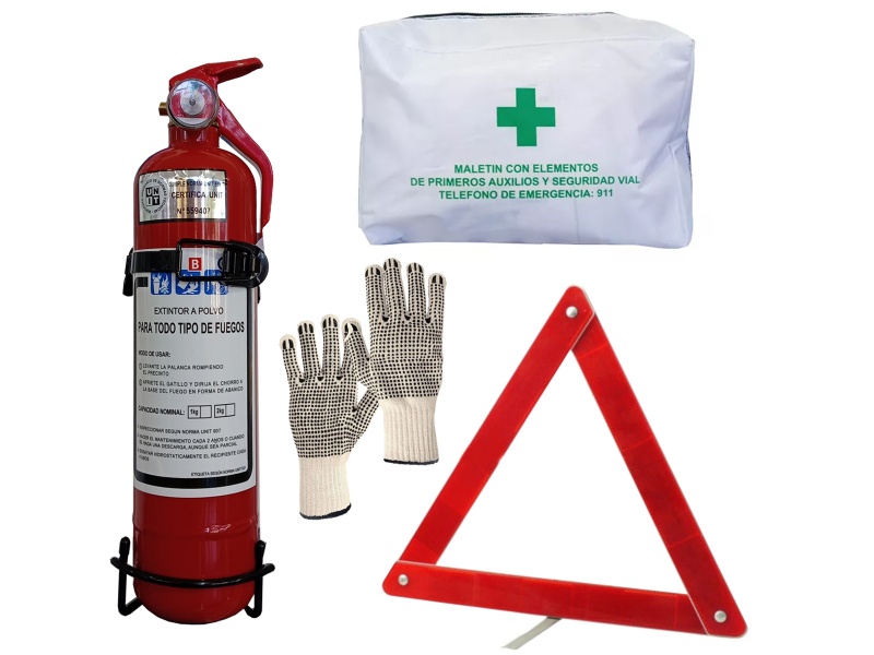 BOMBERITO EXTINTOR C/SOPORTE + BOTIQUN + BALIZA + GUANTES