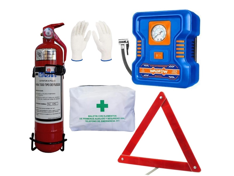 EXTINTOR BOMBERITO + INFLADOR + BOTIQUN + BALIZA + GUANTES