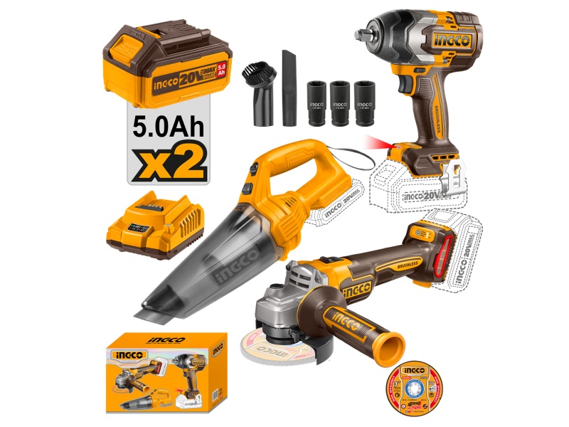 LLAVE DE IMPACTO 850NM + AMOLADORA  + ASPIRADORA INGCO A BATERIA 2 BAT CARGADOR